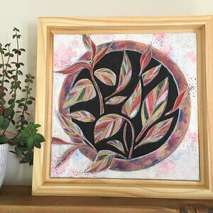Pink Plant Painting - Boho Plant Art in Floating Wood Frame, Modern Office Decor